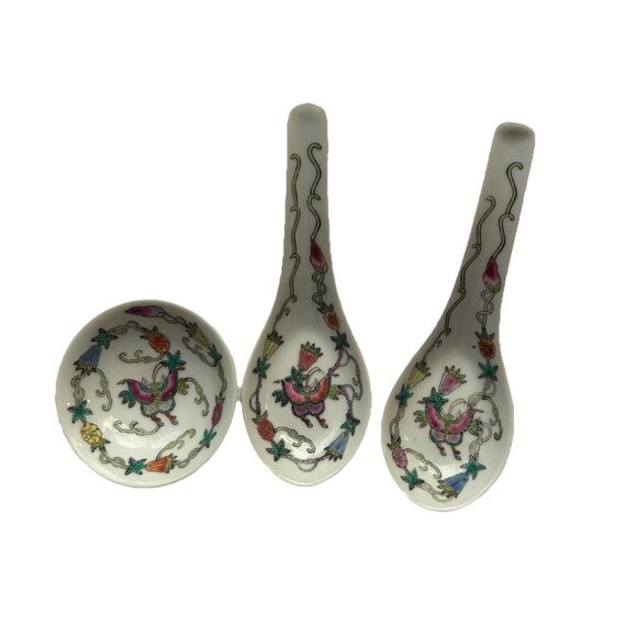 Other - Pair Vintage Chinese Jingdezhen Soup Spoons+Small Bowl Butterfly Floral Design.